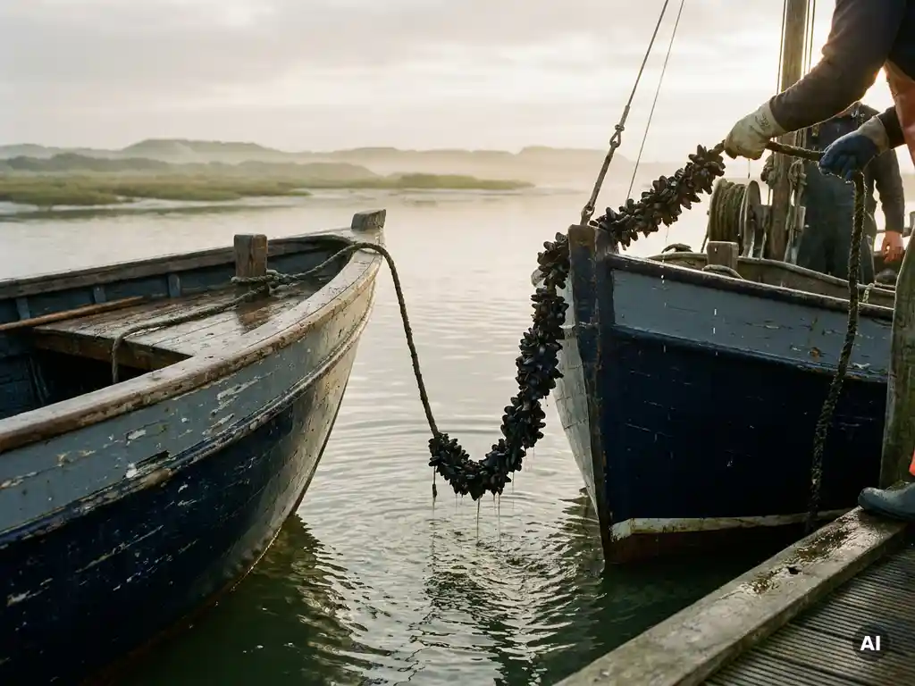Vissersboot haalt mosselrope op uit Zeeuwse estuariumwateren, met donkerblauwe mosselen in clusters aan het druipende touw.