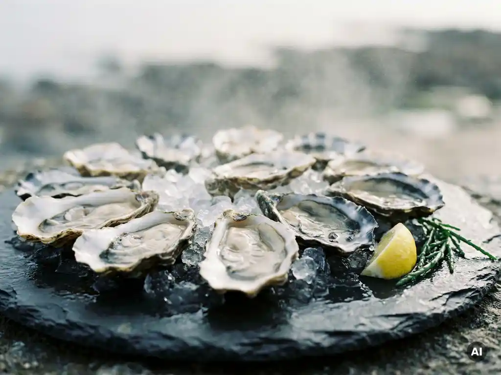Fresh oysters on crushed ice, glistening with seawater, served on slate with a slice of lemon.