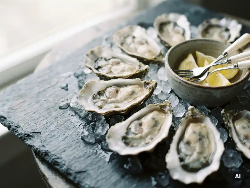 Verse oesters op crushed ice, glanzend van zeewater, geserveerd op leisteen met een schaaltje citroenwiggen.