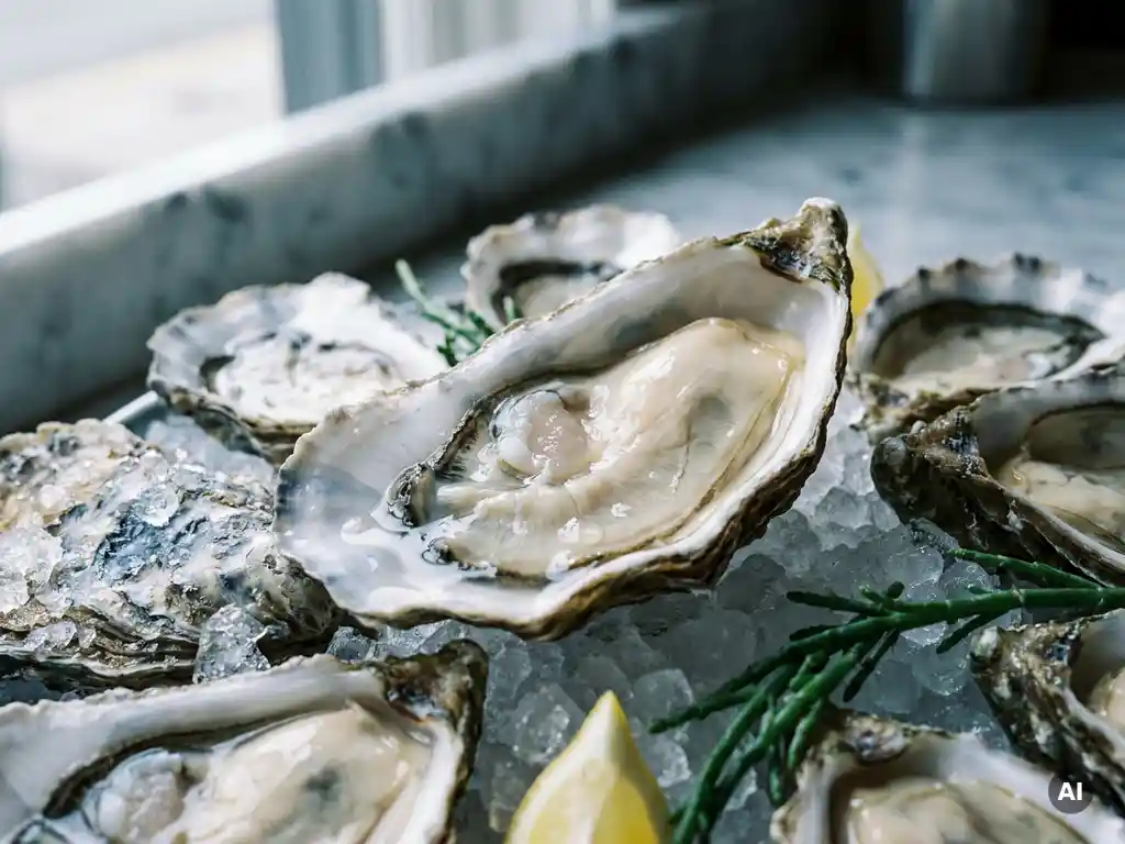 Fresh oysters on the half shell on a bed of crushed ice, with one opened oyster revealing the glistening mother-of-pearl interior.