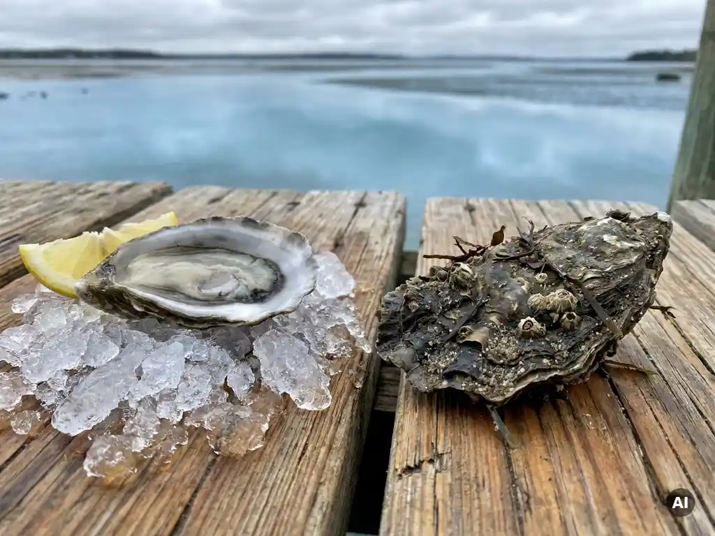 Two oysters on a weathered wooden jetty: one on crushed ice with a smooth shell, one rough with barnacles, with tidal water in the background.