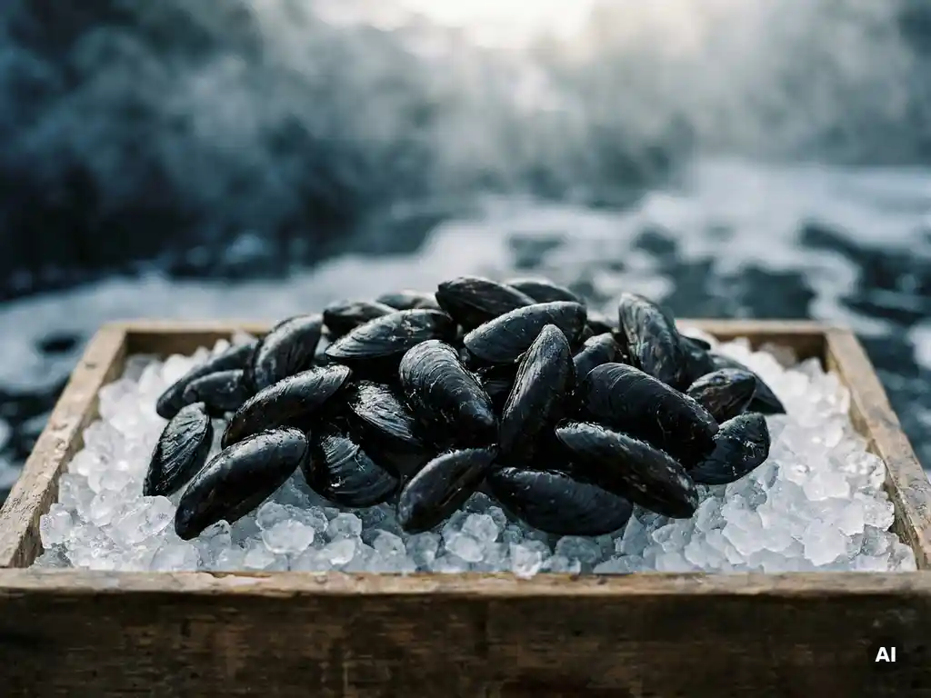 Verse mosselen met glanzende, strakgesloten zwarte schelpen op een bed van crushed ice in een verweerde houten kist.