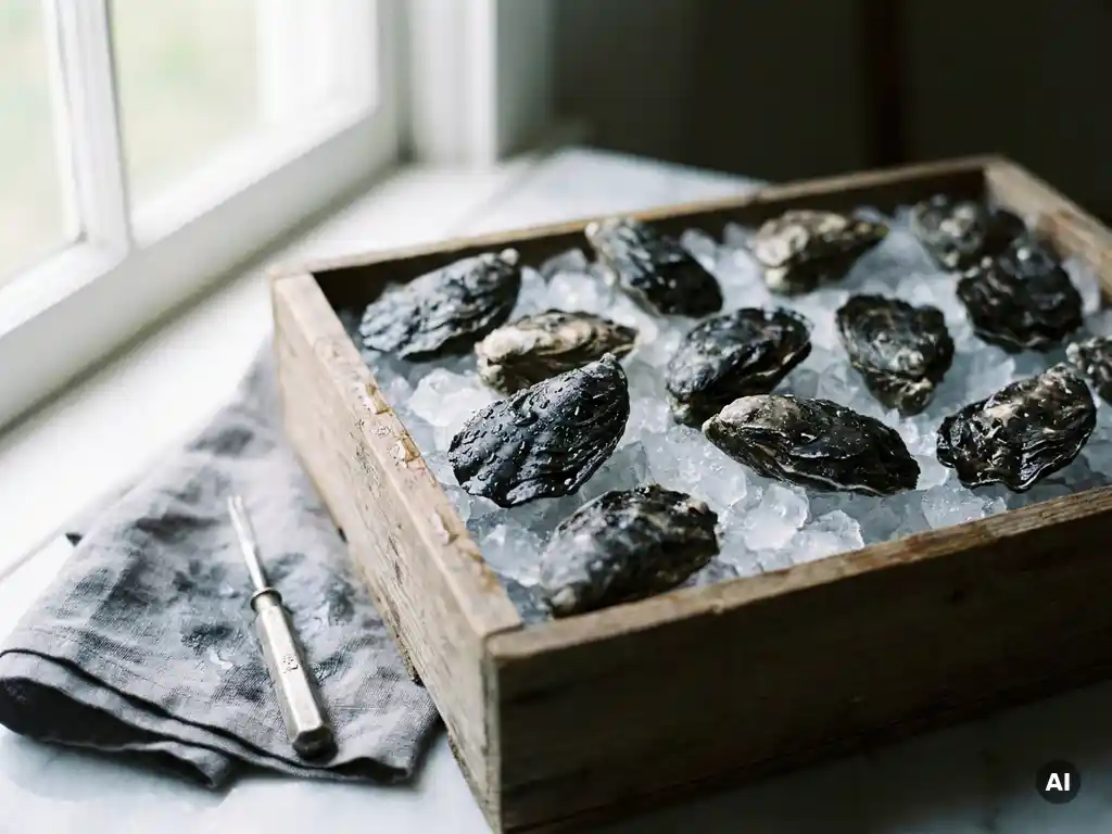 Verse oesters op crushed ice in een houten krat, met een linnen doek en ijspriem, dauwdruppels glinsterend op donkere schelpen.