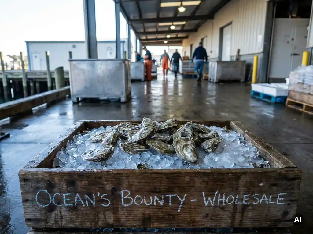 Ostras frescas sobre hielo picado en una caja de madera en un mercado mayorista de pescado, con sus conchas relucientes bajo la fresca luz de la mañana.