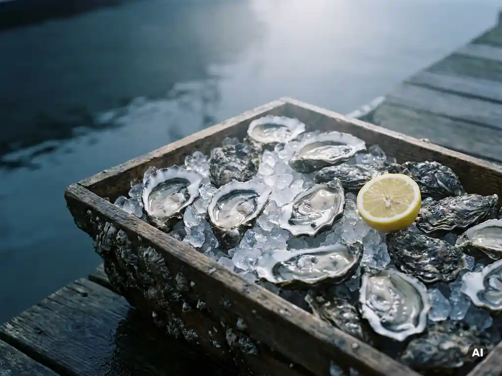 Verse oesters op crushed ice in een verweerde houten kist, met een gehalveerde citroen naast de geopende schelpen.