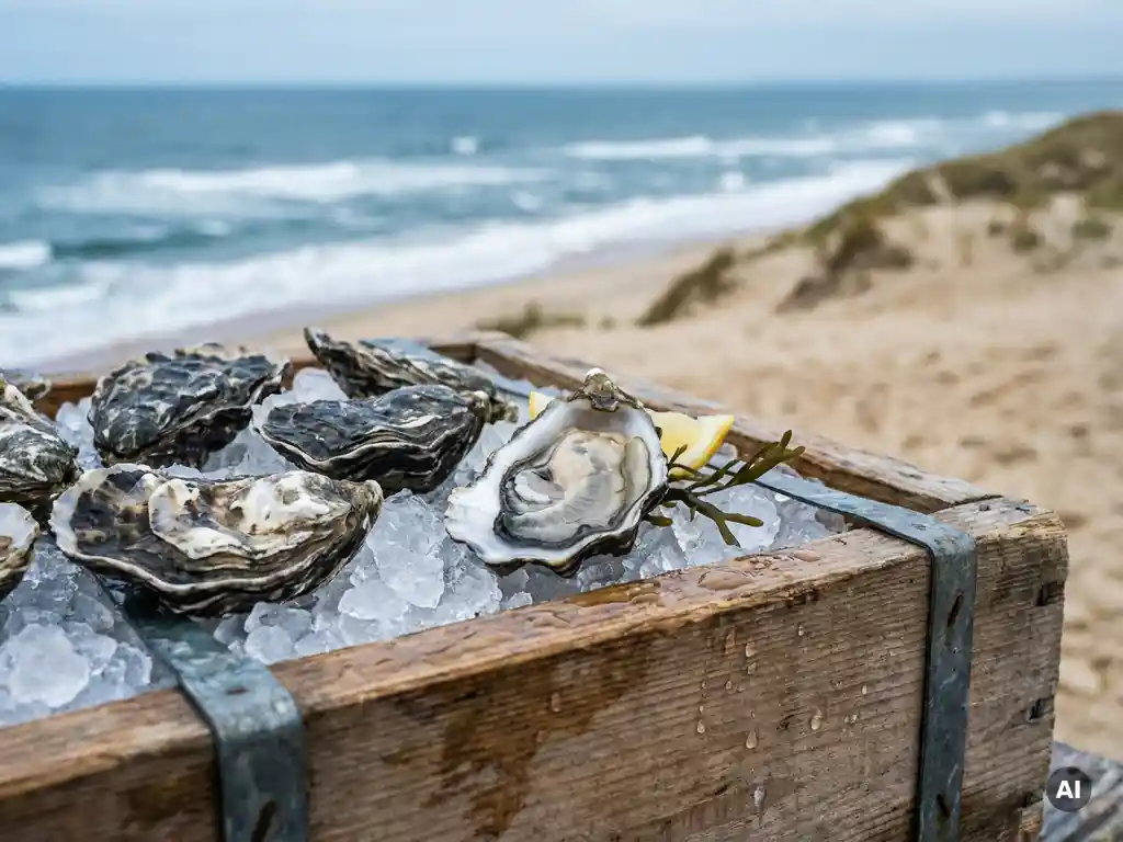 Fresh oysters on crushed ice in a weathered wooden crate, one opened oyster with a shiny pearl-grey interior, lemon wedge, coastline in the background.
