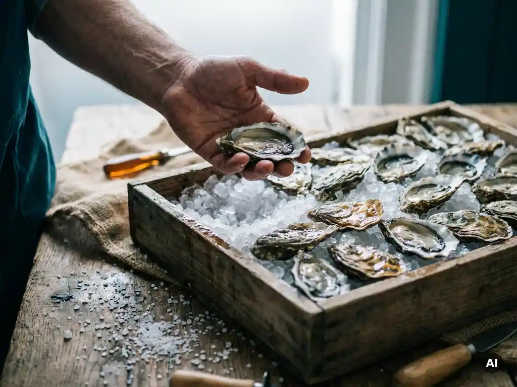Vissershand inspecteert verse open oester op crushed ice en zeezout in houten krat op marktafel.